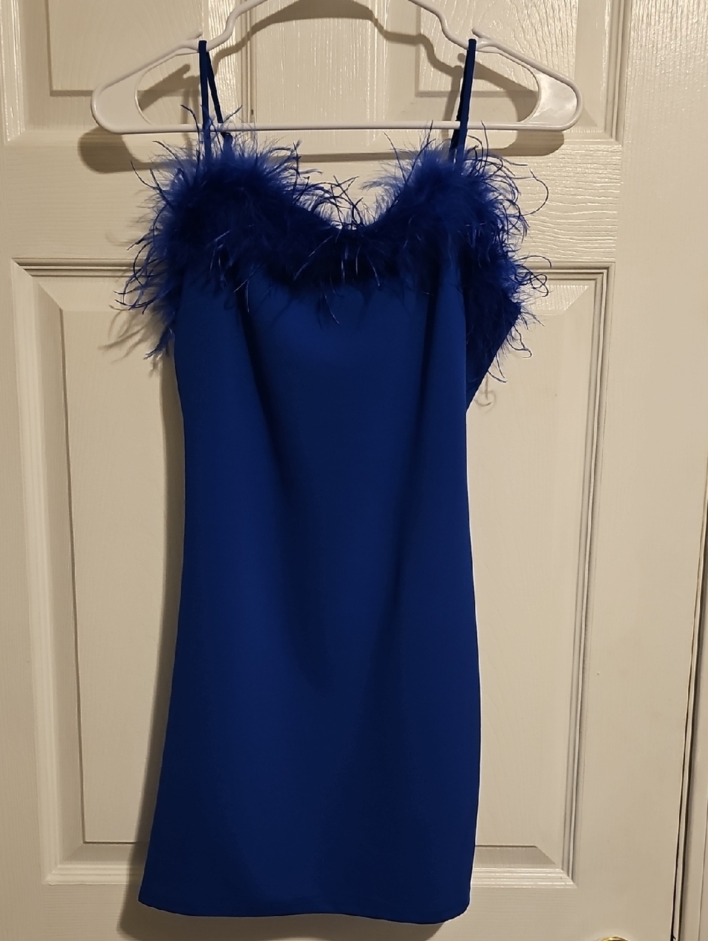 Royal Blue Feather-Trim Slip Mini Dress